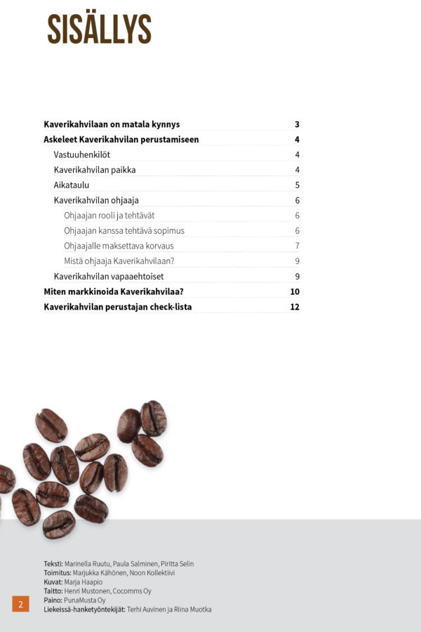 Kaverikahvila-käsikirjan sisällysluettelo, jossa kirjan kappaleet ja kuva kahvipavuista.
