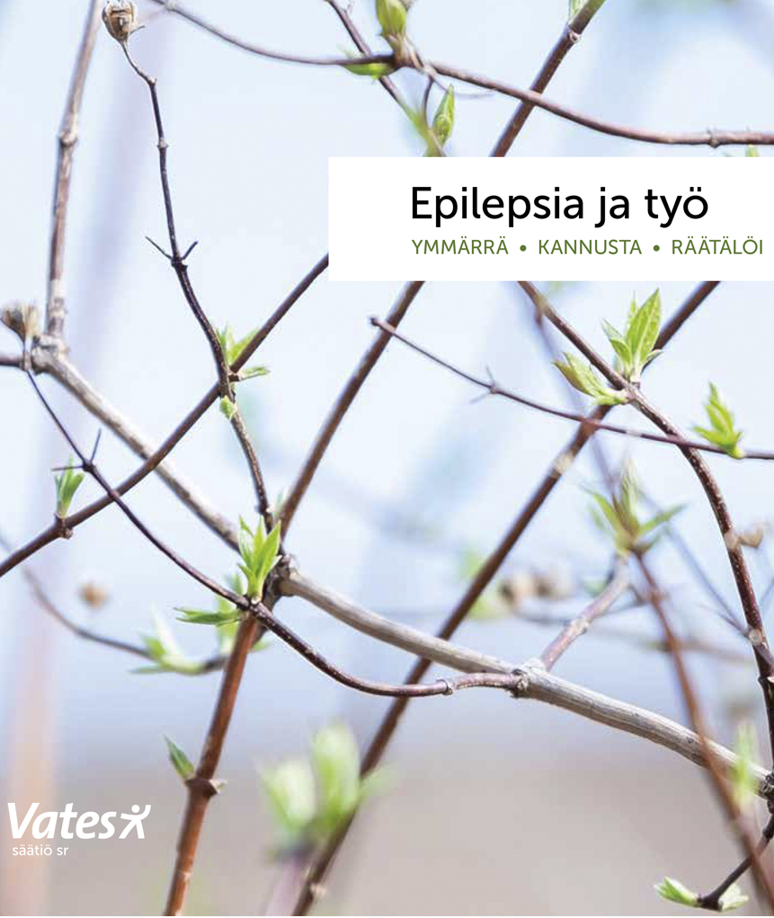 Epilepsia ja työ -esitteen kansikuva, jossa on oksia, joissa on vihreitä silmuja.